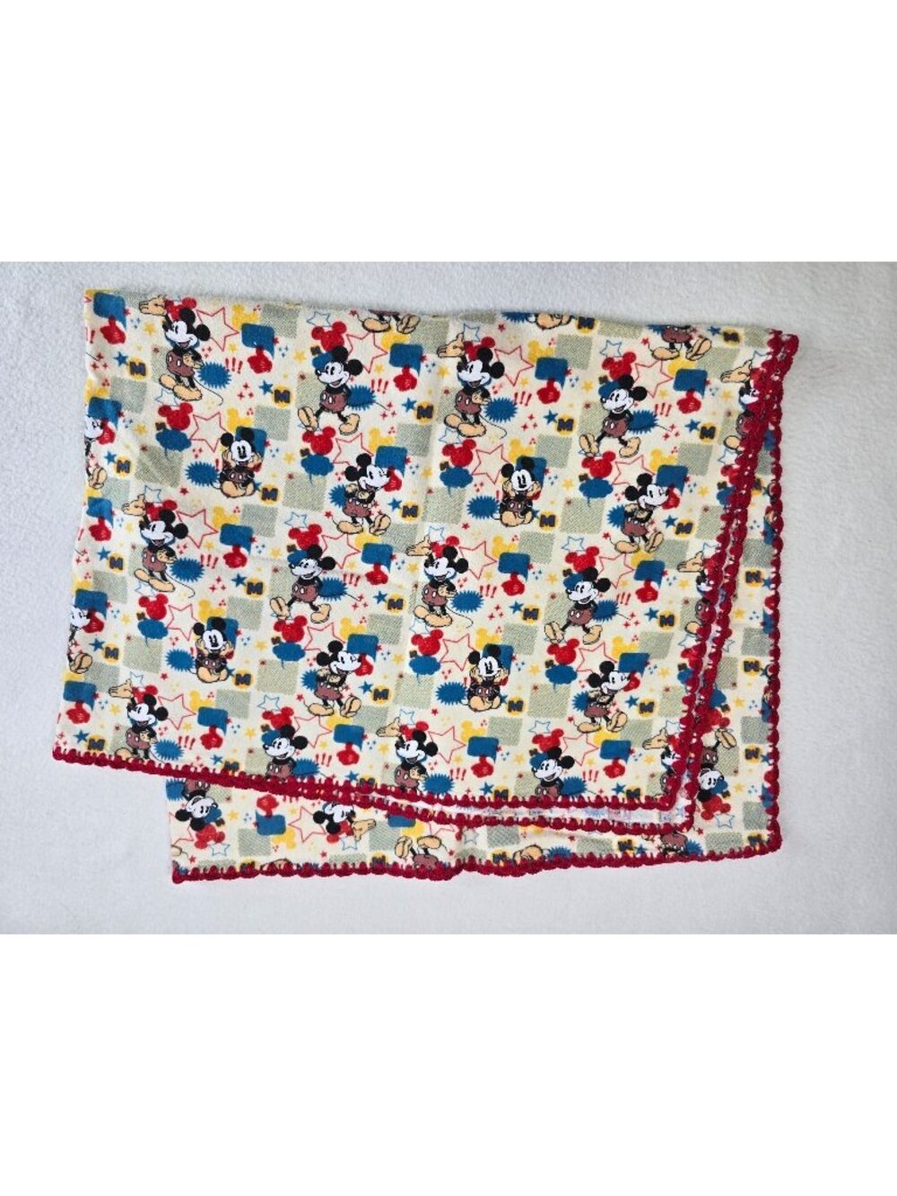 Vintage Mickey Mouse Flannel Handmade Baby Receiving Blanket Red Crochet Trim